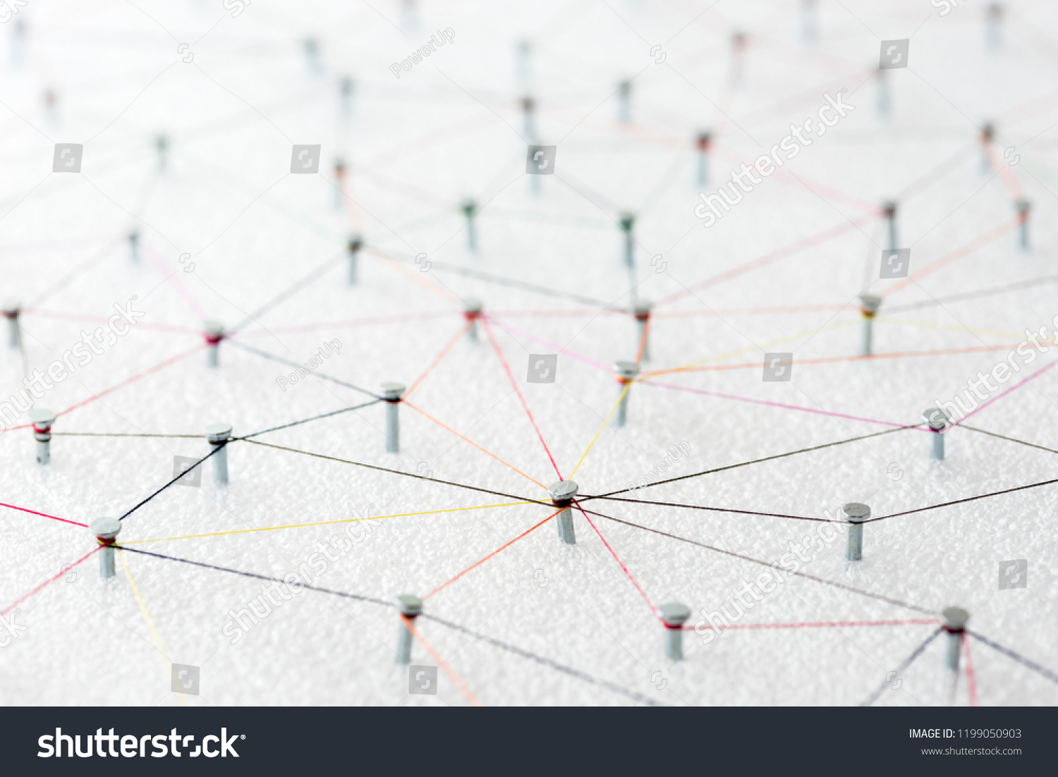 abstract web line connection of color yarn from nail node to node on white background , networking concept #1199050903