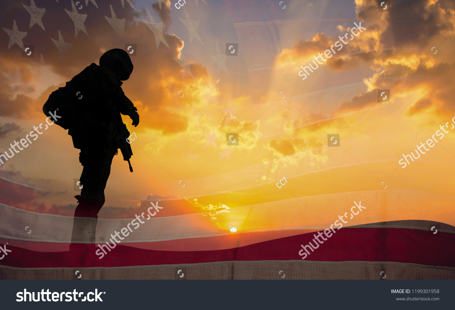 Double exposure Silhouette of Soldier on the United States flag in sunset for Veterans Day is an official USA public holiday background,copy space. #1199301958