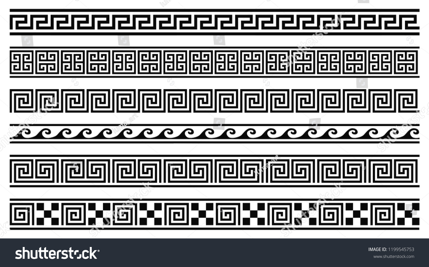 Vector set of 6 greek style geometric seamless frames isolated on white background #1199545753
