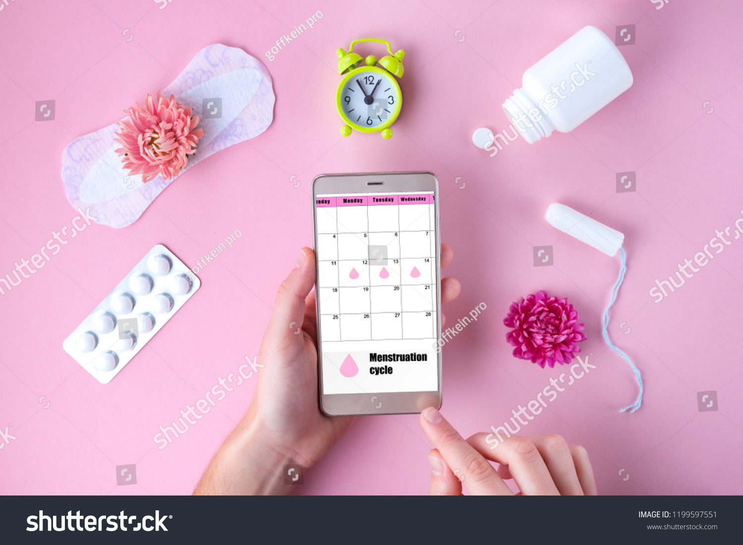 Tampon, feminine, sanitary pads for critical days, feminine calendar, alarm clock, pain pills during menstruation and a pink flower on a pink background. Care of hygiene during menstruation.  #1199597551