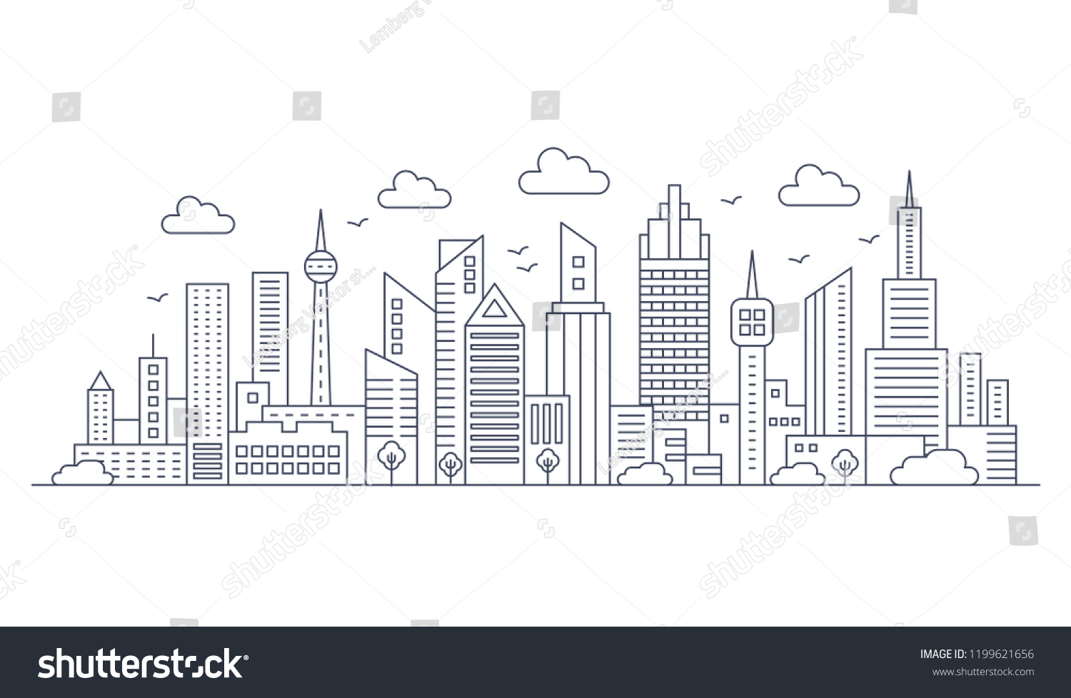 Vector thin line city landscape. Panorama urban modern city landscape with high skyscrapers. #1199621656