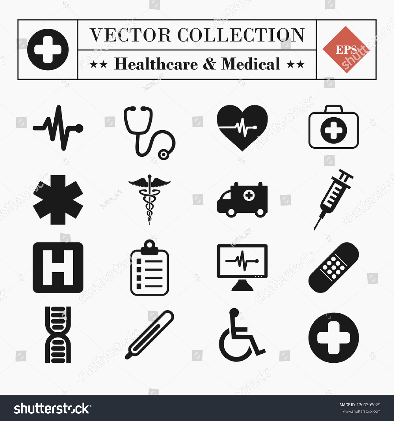 Vector set collection of 16 medical and healthcare related icons isolated on white background #1200308029