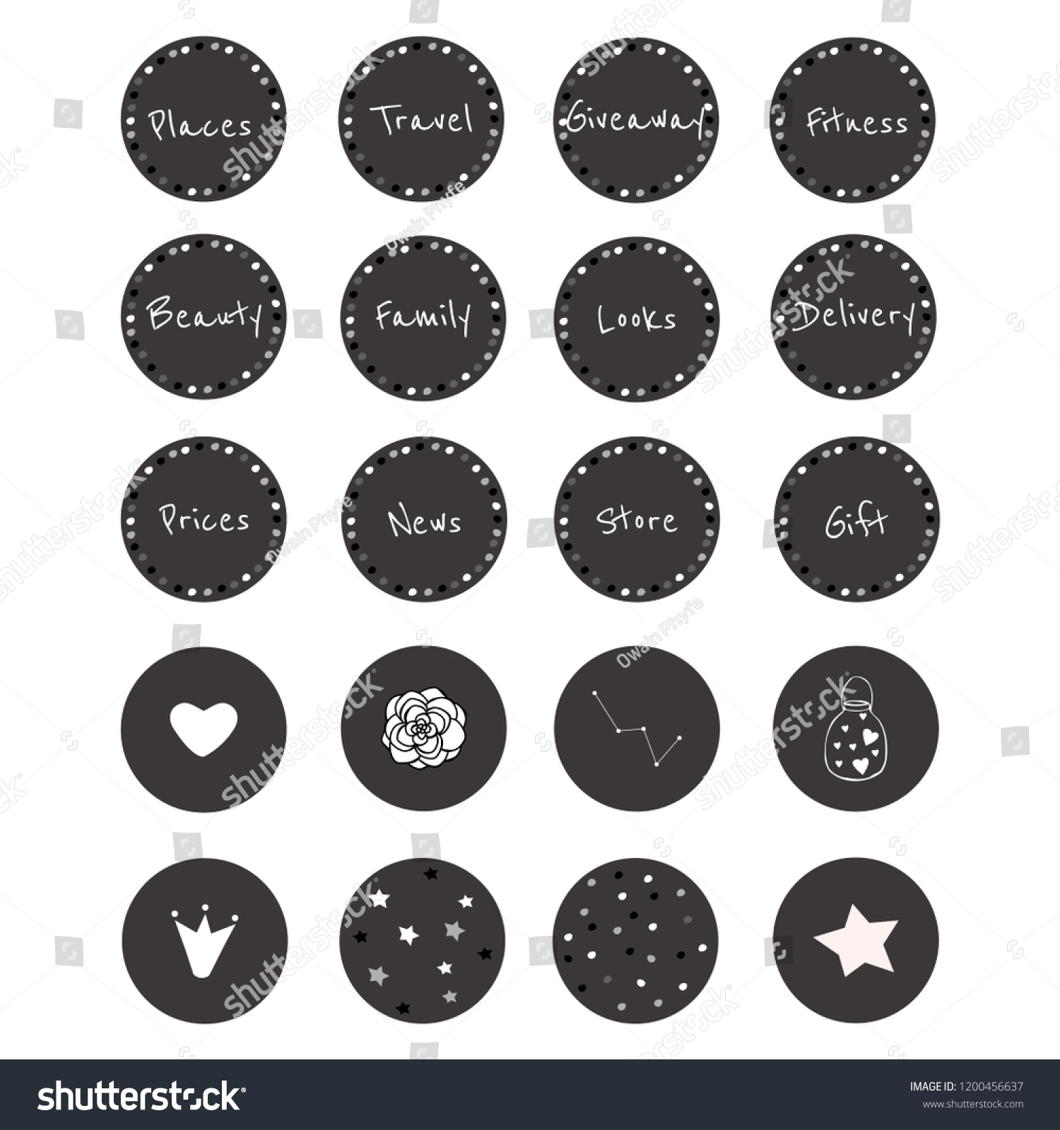 Set of 20 vector icons in gorgeous black and white style for scrapbooking, bullet journalling, social networks, etc. Set including 12 icons with sparkle frame with words and 8 icons with cute images. #1200456637
