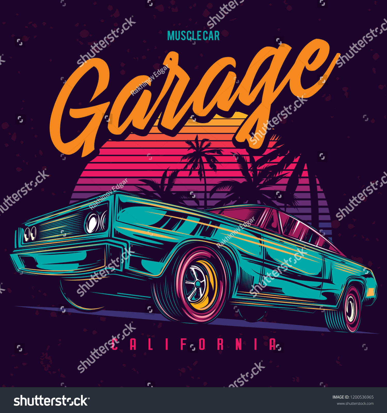 Original vector illustration of an American muscle car in retro neon style. #1200536965