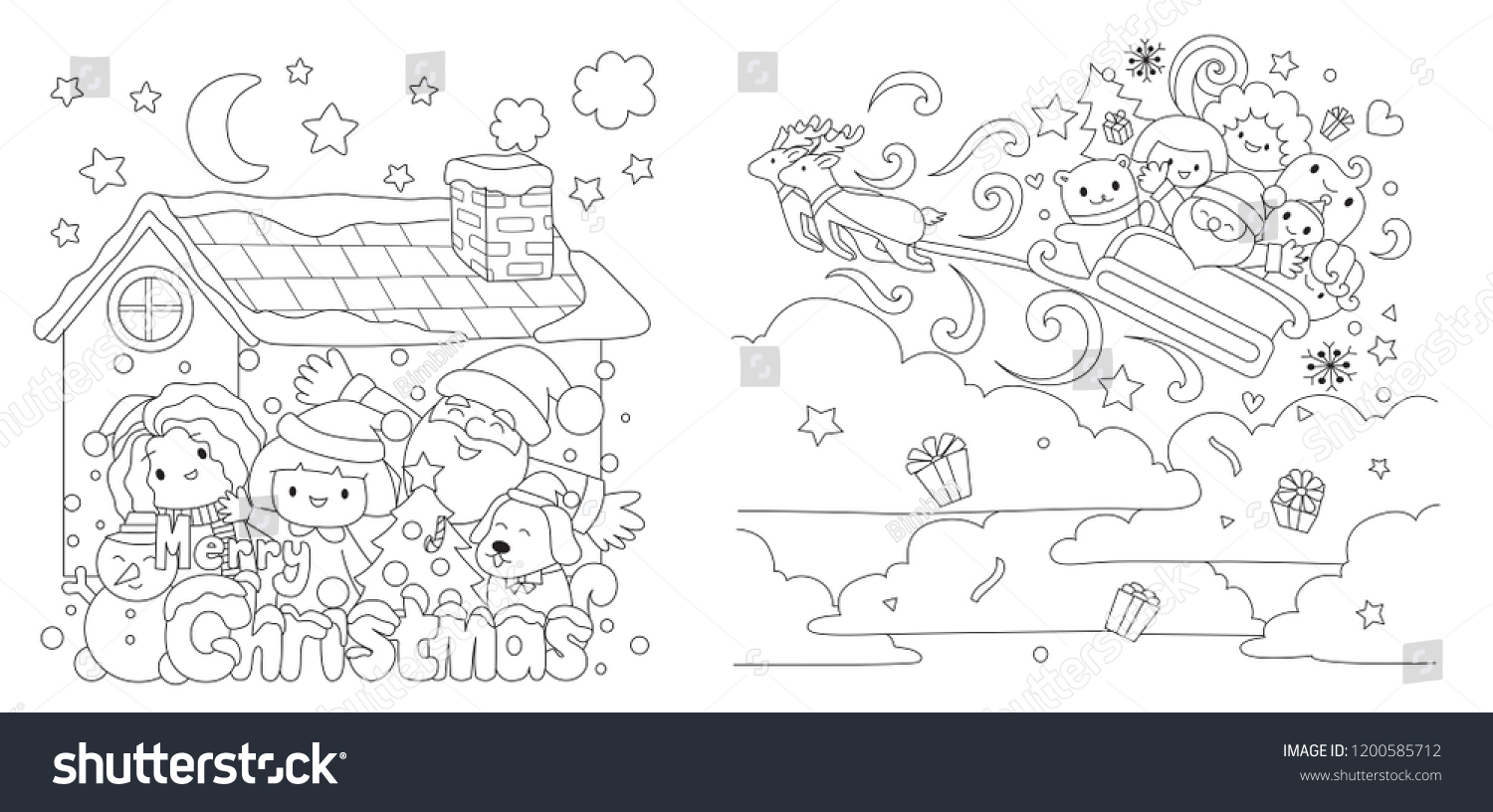Christmas set, Kids and Santa Clause enjoy Christmas even for printed cards, invitation, engraving, t shirt and coloring book page for anti stress. #1200585712