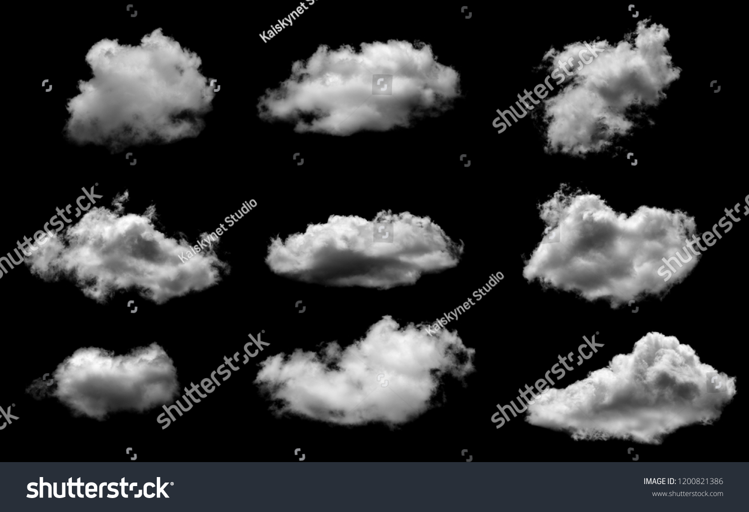 Collections of separate white clouds on a black background have real clouds. White cloud isolated on a black background realistic cloud. white fluffy cumulus cloud isolated cutout on black background #1200821386