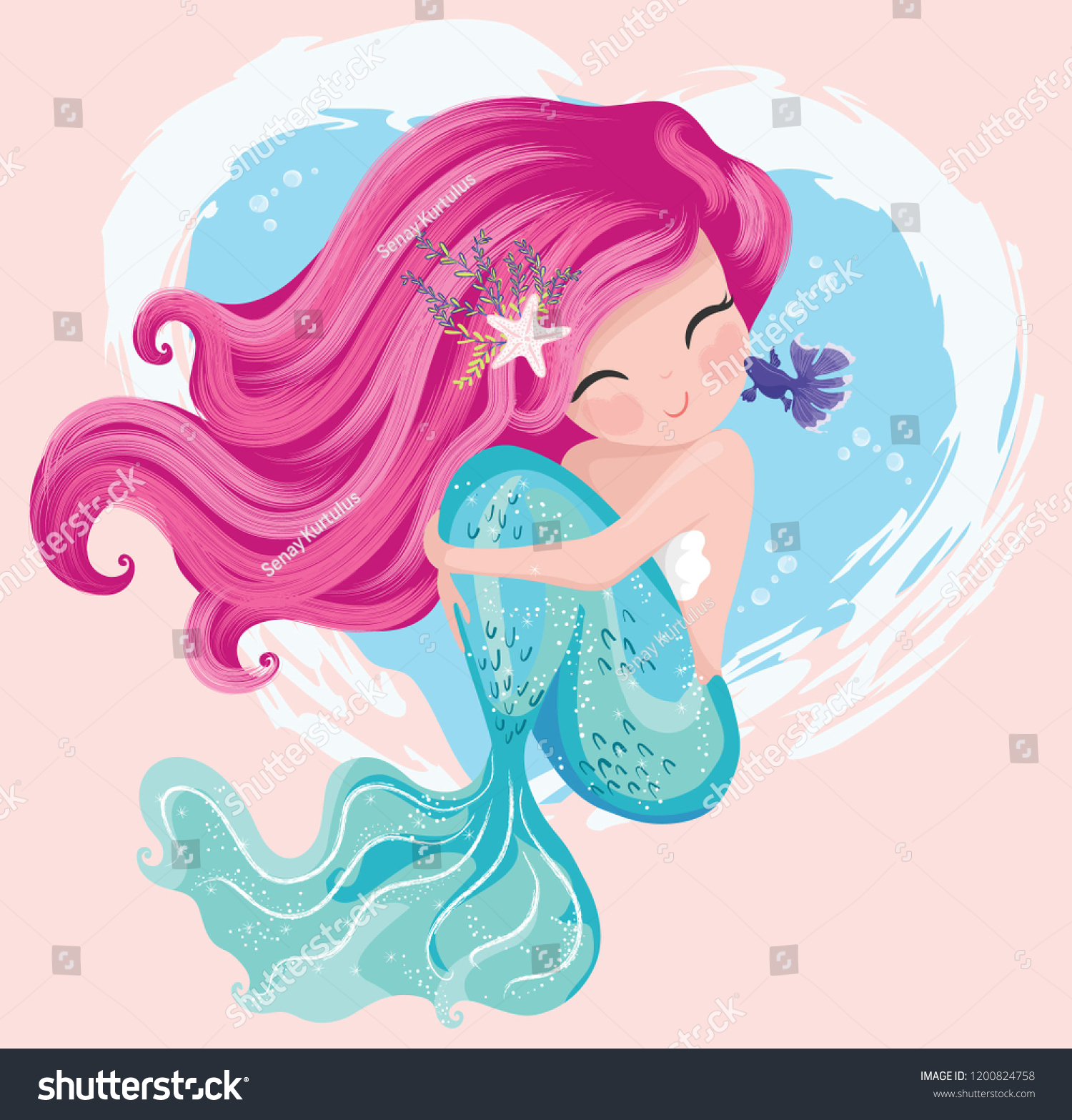 Cute mermaid with little fish vector illustration for kids fashion artworks, children books, greeting cards. #1200824758