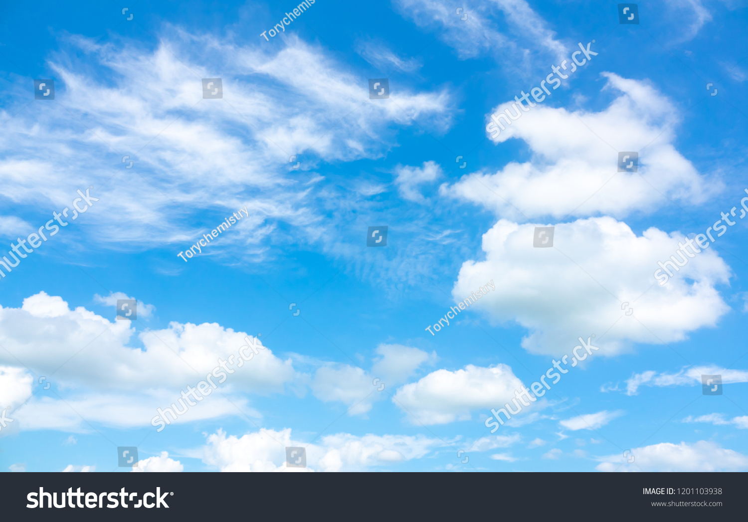 Azure sky or sky blue beautiful white clouds. It is everything lies above surface Earth atmosphere and outer space. Cloud is aerosol comprising visible mass of liquid droplets frozen crystals in air #1201103938