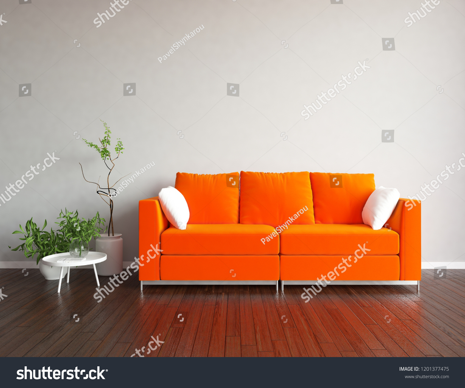 Idea of a white scandinavian living  room interior with  sofa, vases on the wooden floor and decor on the large wall and white landscape in window. Home nordic interior. 3d illustration #1201377475