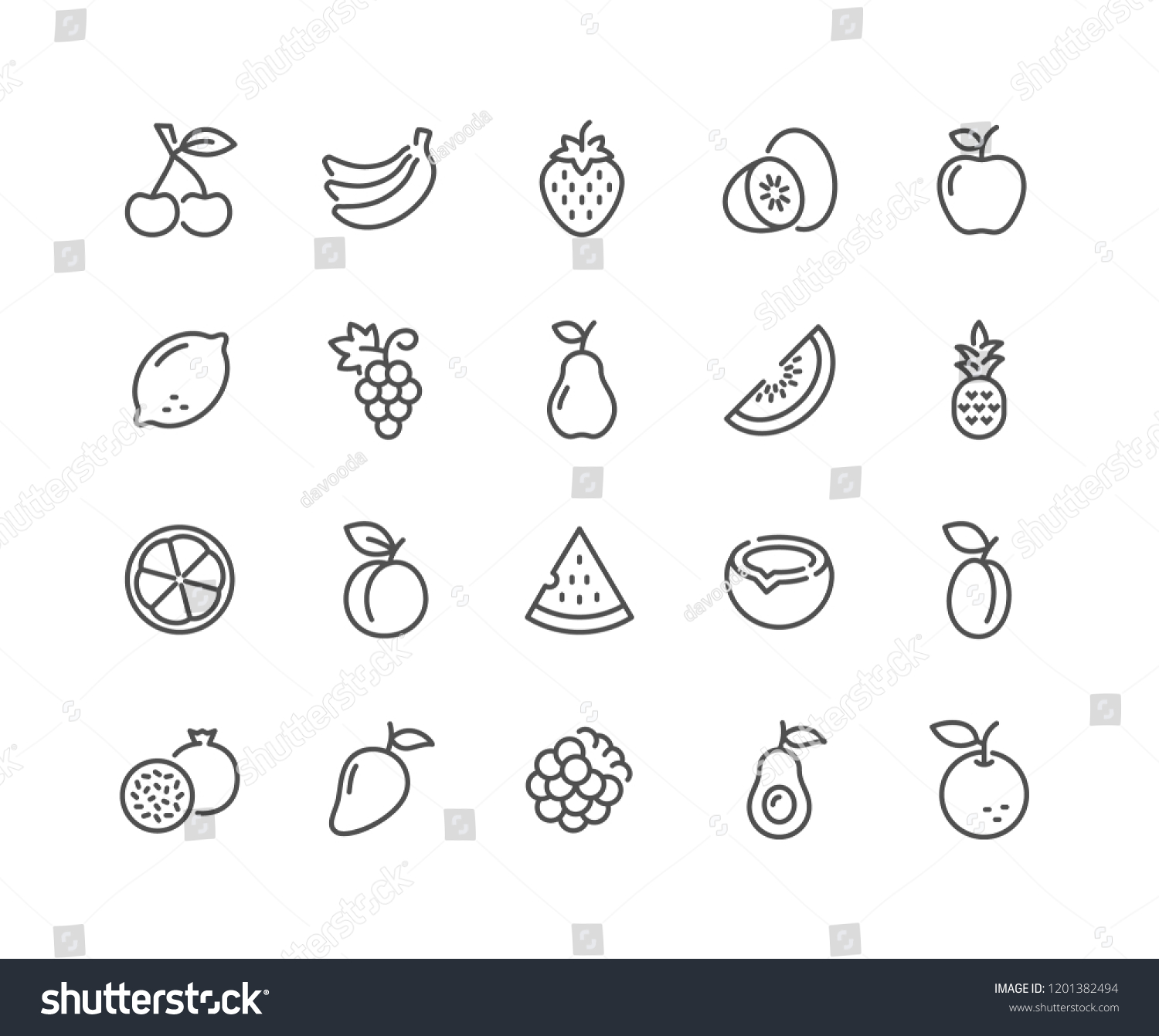 Simple Set of Fruits Related Vector Line Icons. Contains such Icons as Strawberry, Orange, Watermelon and more. Editable Stroke. 48x48 Pixel Perfect. #1201382494