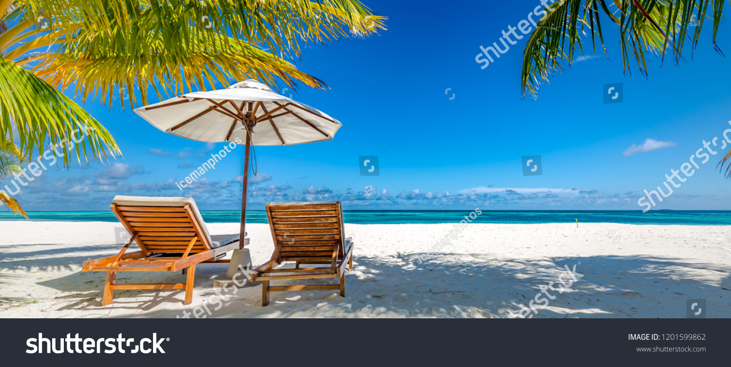 Tropical paradise beach with white sand and coco palms travel tourism wide panorama background. Luxury vacation and holiday banner, tropical beach resort concept. Beautiful beach design #1201599862