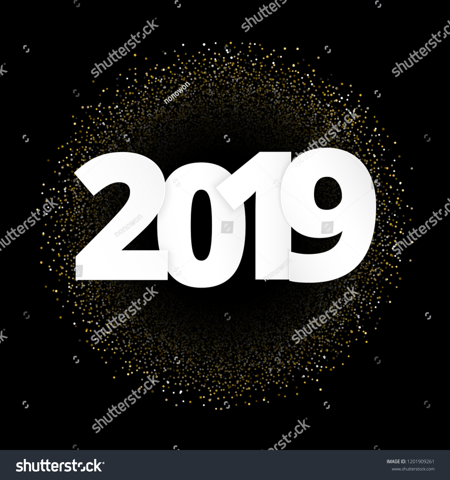 2019 A Happy New Year xmas greetings. Dark background, classic isolated gold colored numbers. Seasonal luxurious glittering ad,illustration EPS10. #1201909261