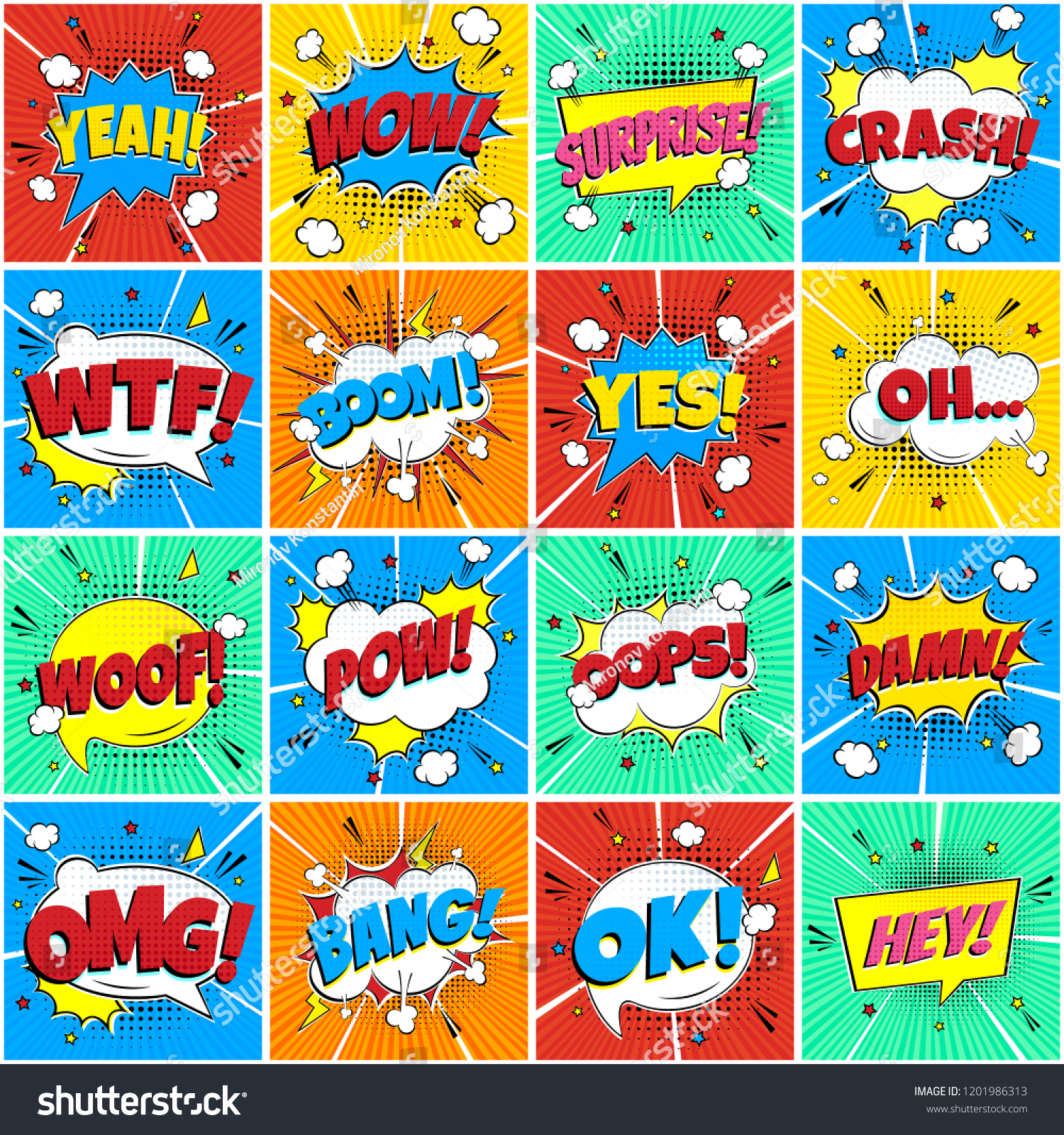 Colorful comic speech bubbles seamless pattern with phrases: OMG!, POW!, BANG!, OOPS!, WOW!, SURPRISE!, HEY! BOOM! etc. flat style design vector illustration isolated on color rays background. #1201986313