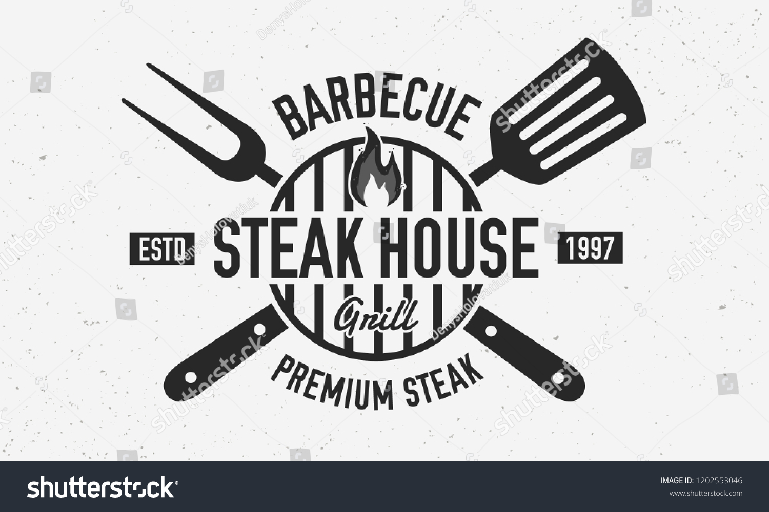Steak House, barbecue restaurant logo, poster. BBQ trendy logo with barbecue grill , spatula and grill fork. Vector emblem template. #1202553046