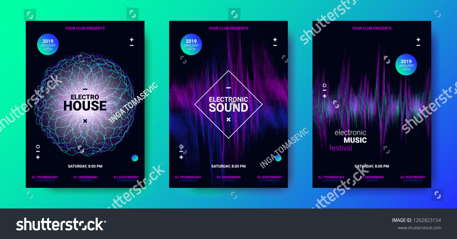 Electronic Music Movement Concept. Sound Amplitude of Distorted Dotted Color Lines. Vector Equalizer Design. Wave Poster for Dance Night Party. 3d Graphic Round with Glow and Movement of Dots Effect. #1202823154