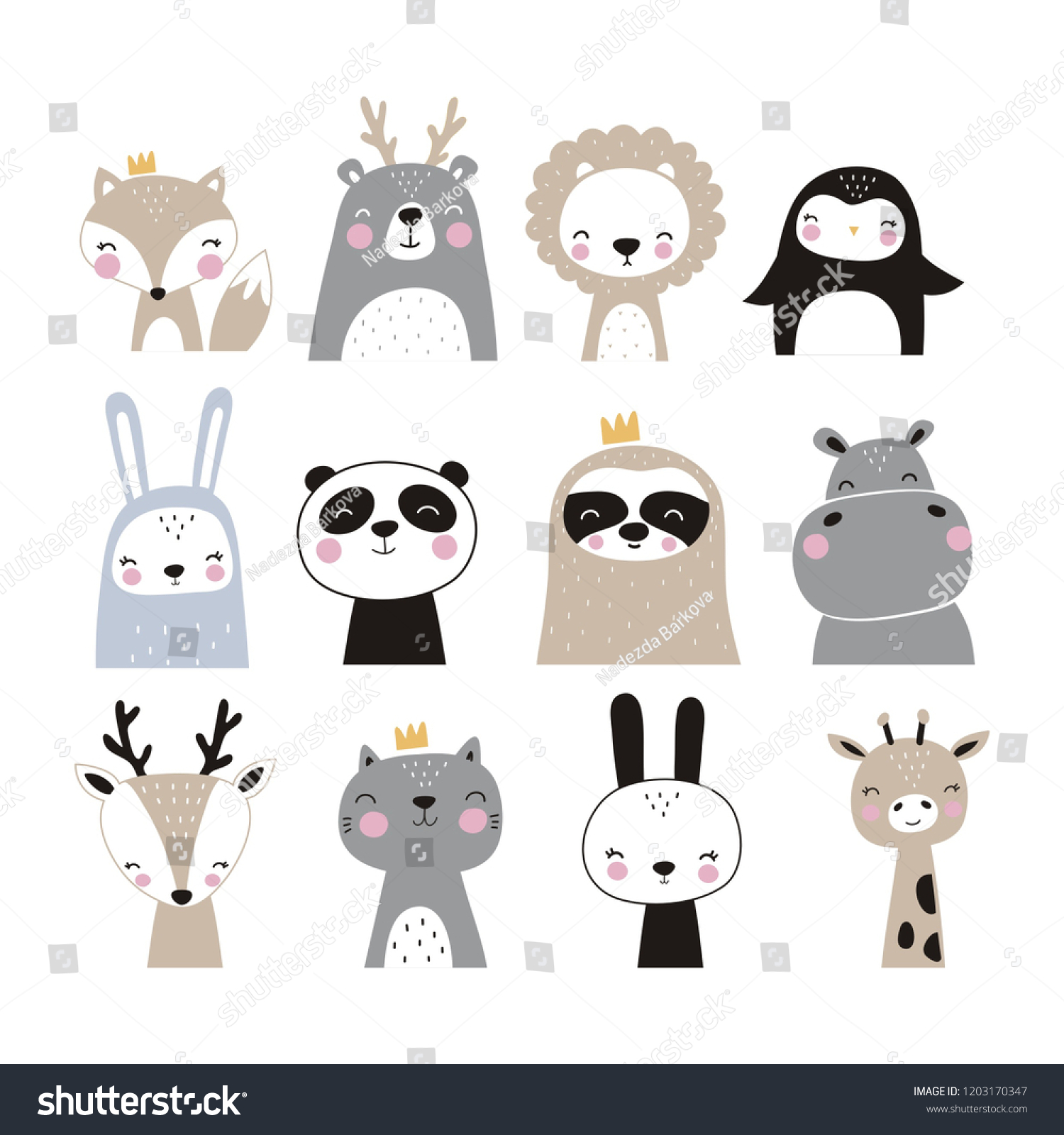 Hand drawn vector illustration for posters, cards, t-shirts. Cute sloth, hippo, fox, penguin, deer, tiger, bunny, panda, giraffe, bear #1203170347