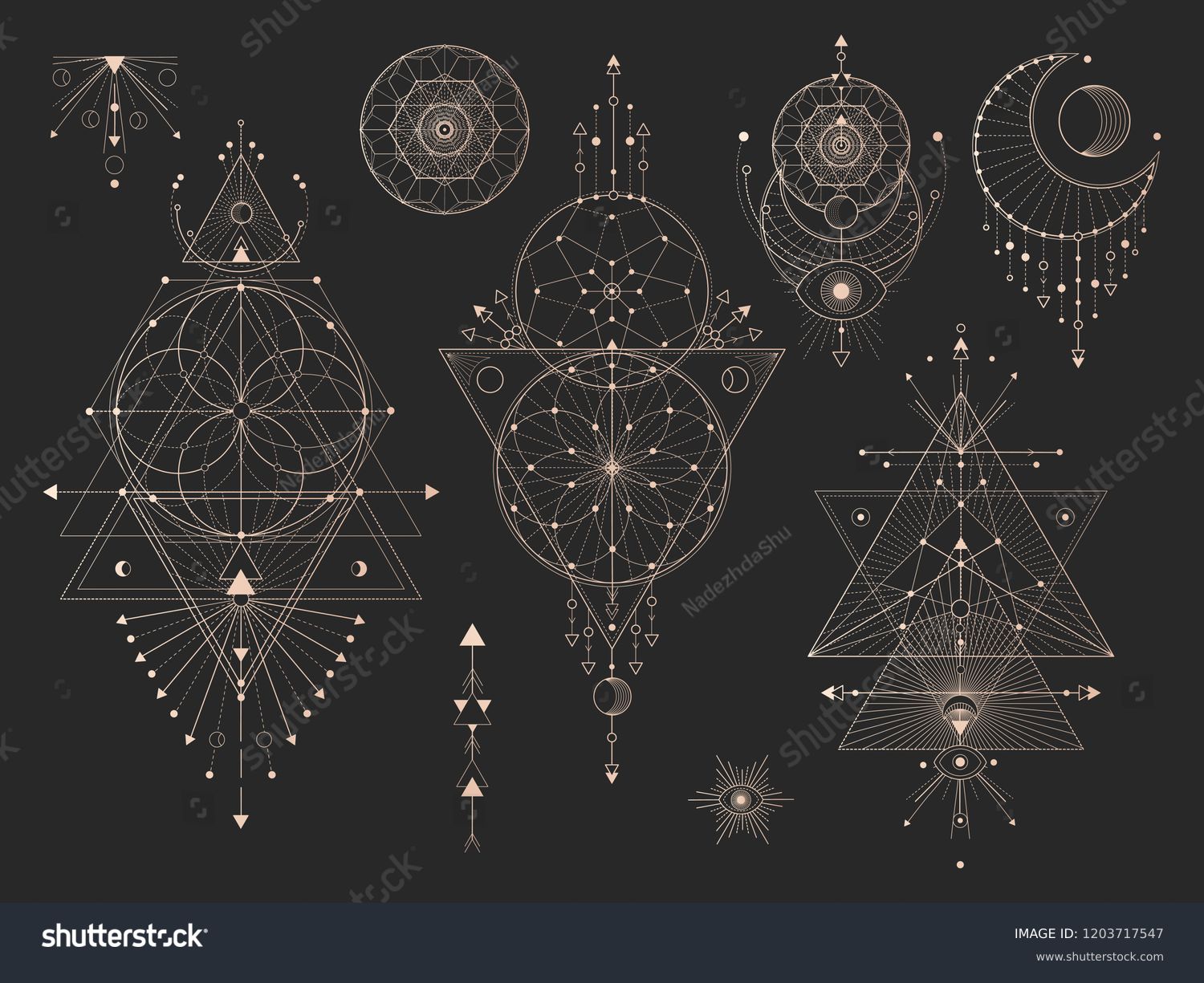 Vector set of Sacred geometric symbols with moon, eye, arrows, dreamcatcher and figures on black background. Gold abstract mystic signs collection drawn in lines. For you design. #1203717547