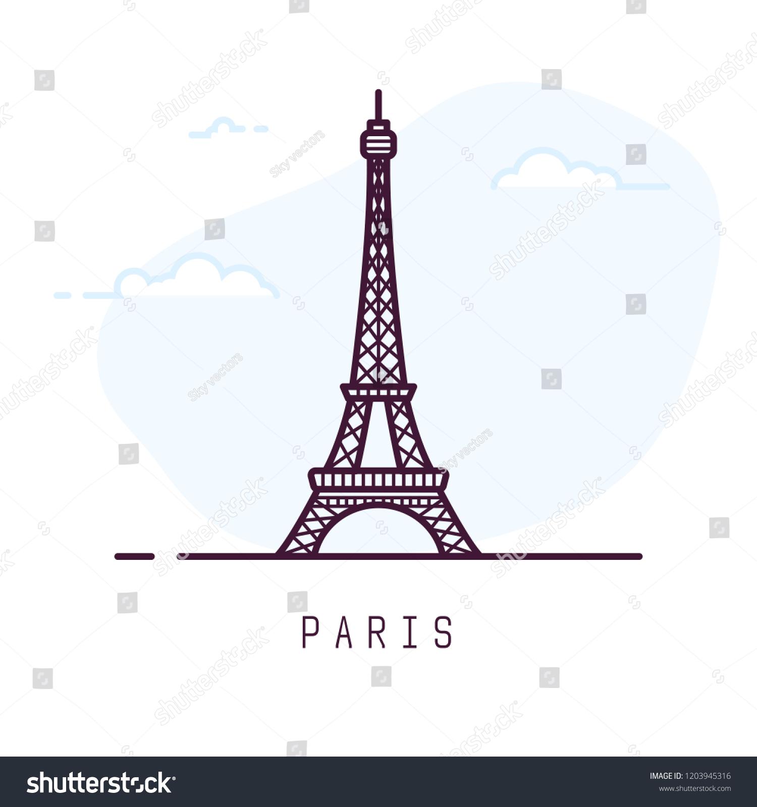 Paris city line style illustration. Famous Eiffel tower in Paris, France. Architecture city symbol of France. Outline building vector illustration. Sky clouds on background. Travel and tourism banner. #1203945316
