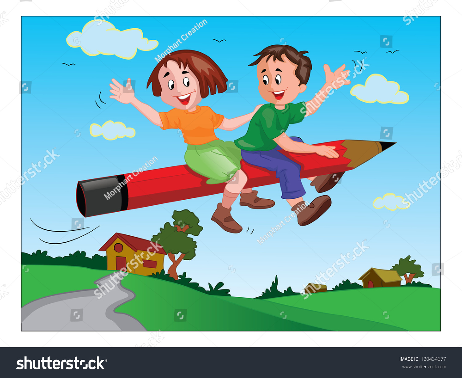 School Kids Riding A Giant Pencil, Vector - Royalty Free Stock Vector ...