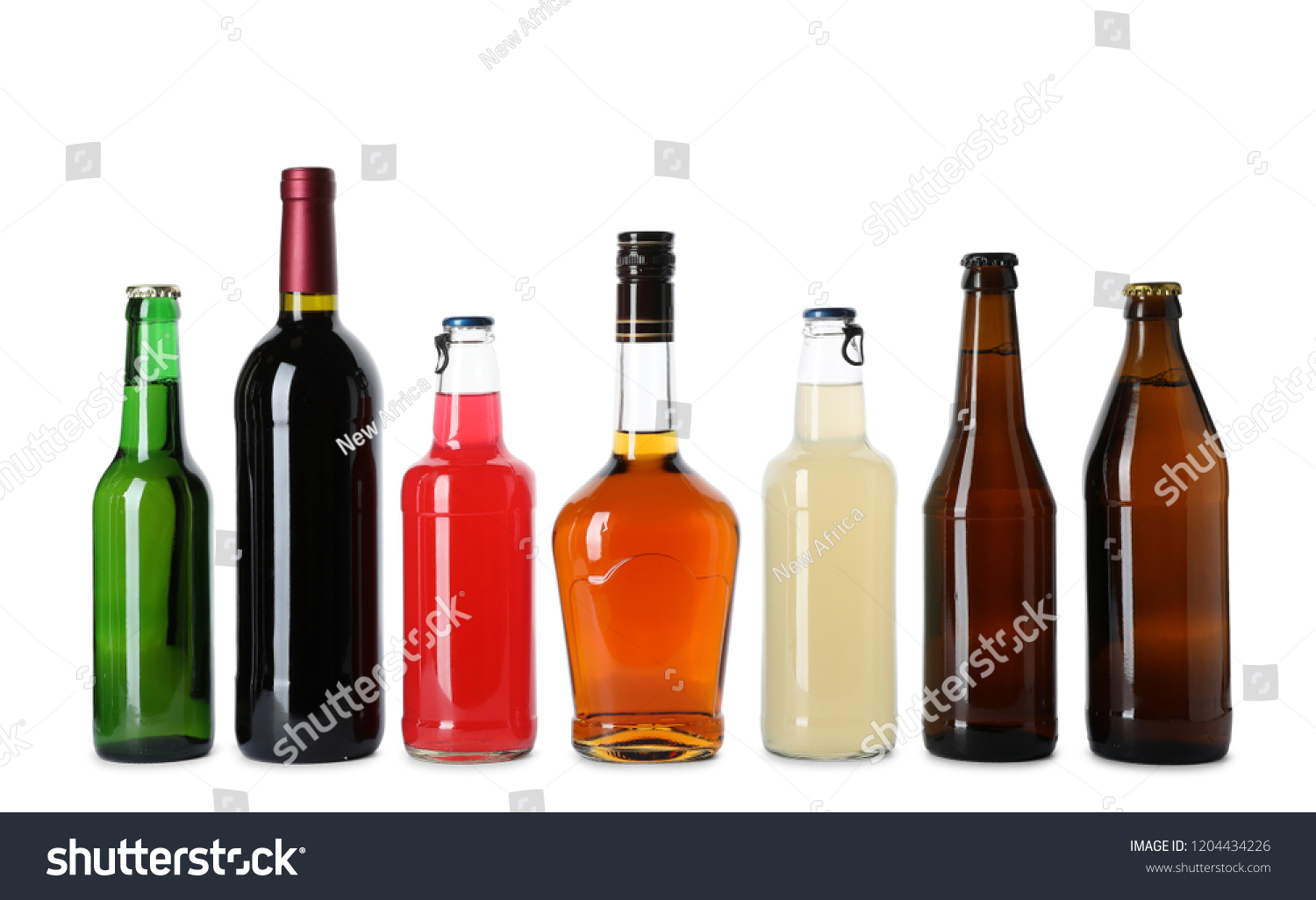 Bottles with different alcoholic drinks on white background #1204434226