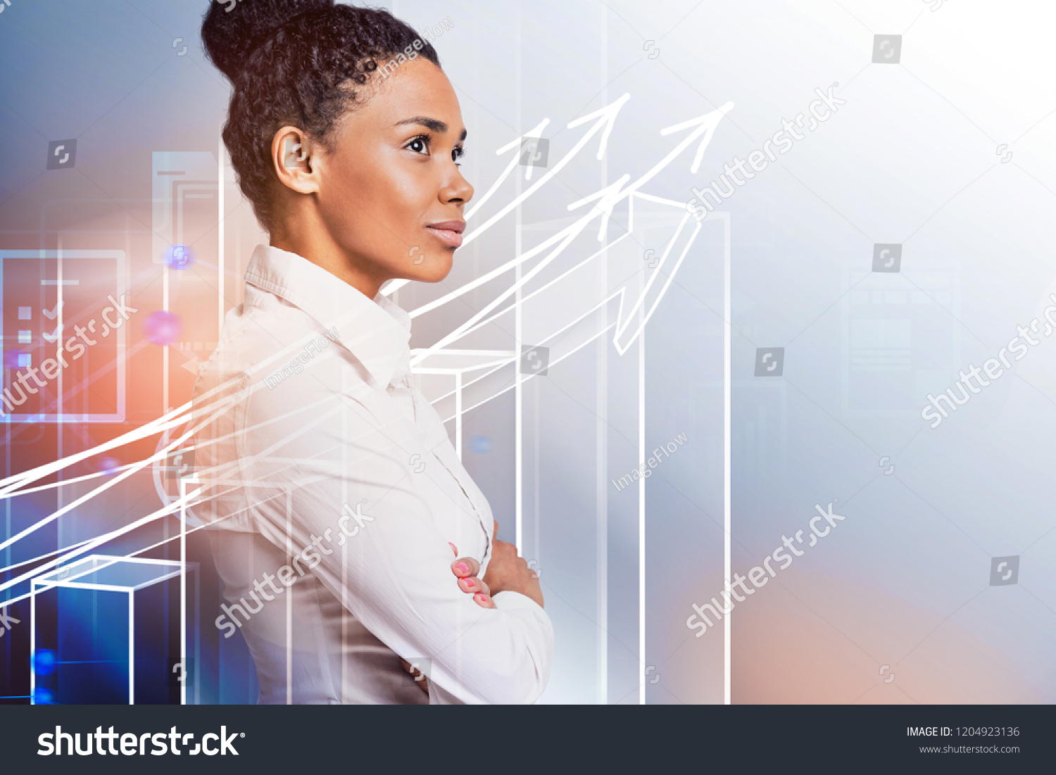 Side view of confident young african american businesswoman standing with crossed arms and looking forward. Immersive interface with growing bar chart. Toned image double exposure mock up #1204923136