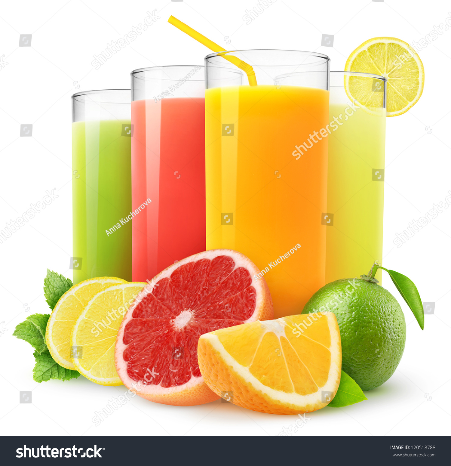 Isolated drinks. Glasses of fresh citrus juices (orange, grapefruit, lemon, lime) and cut fruits isolated on white background #120518788