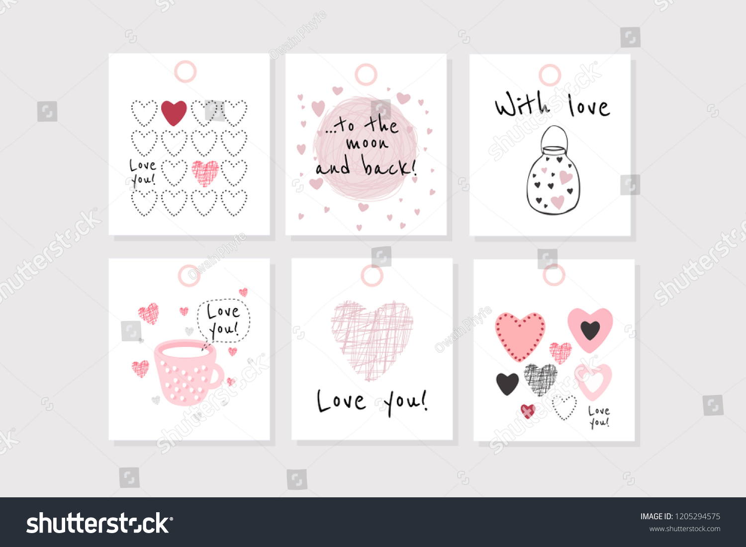 Set of 6 vector Valentine's inspired tags with hearts, simple flat style. Perfect for gift tags, greeting cards, etc. #1205294575