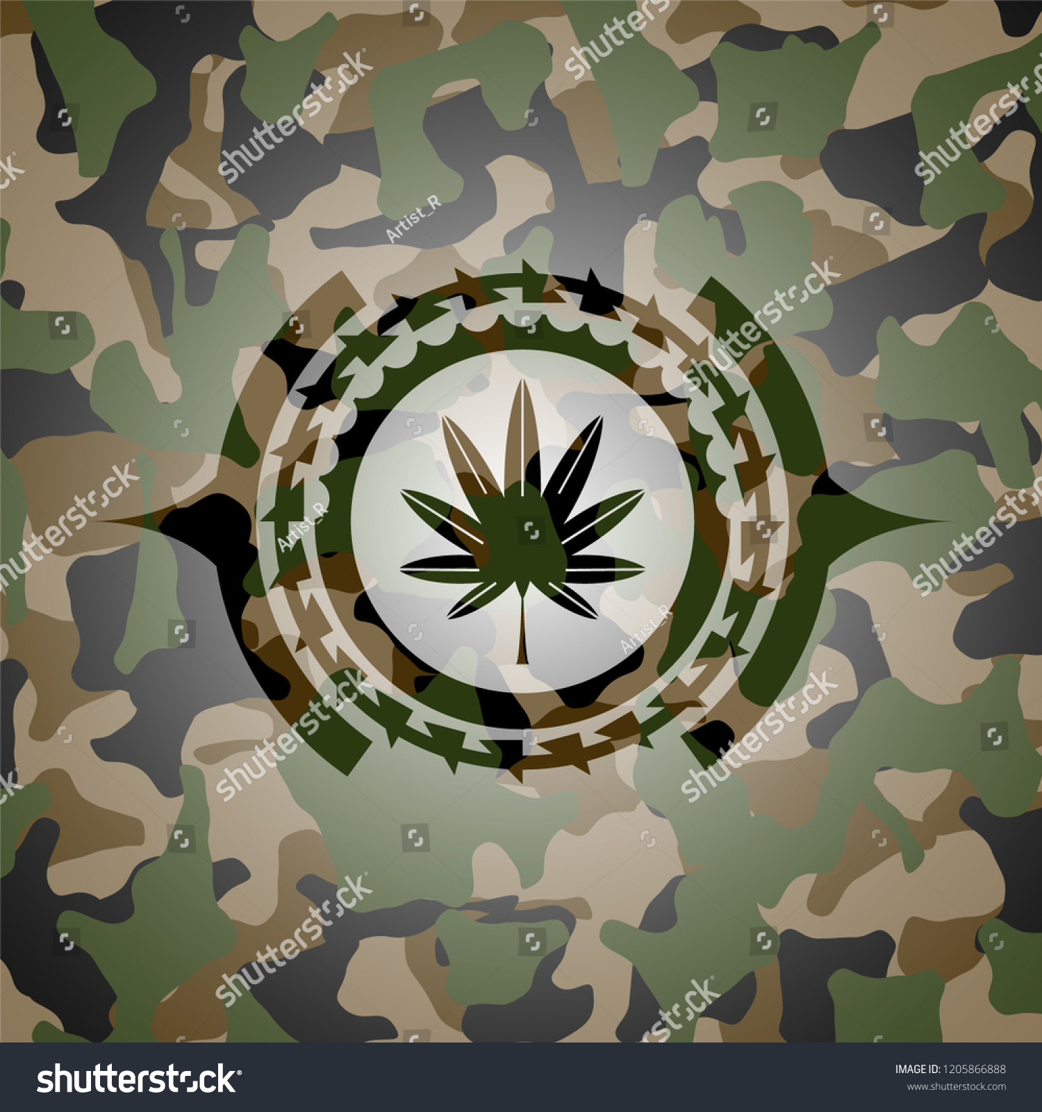 marijuana leaf, weed icon on camouflage pattern - Royalty Free Stock ...