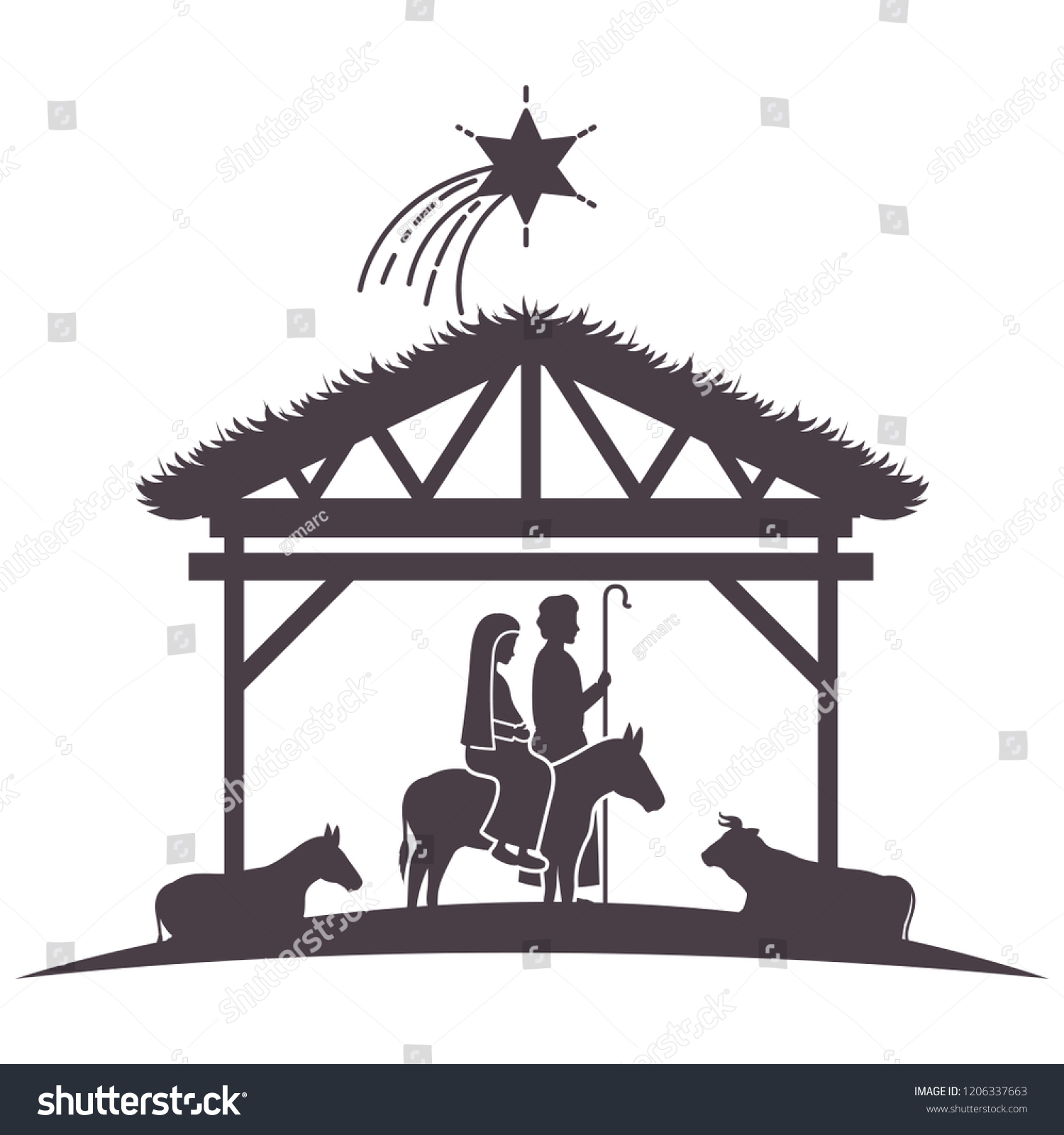 virgin mary and joseph in stable with animals - Royalty Free Stock ...