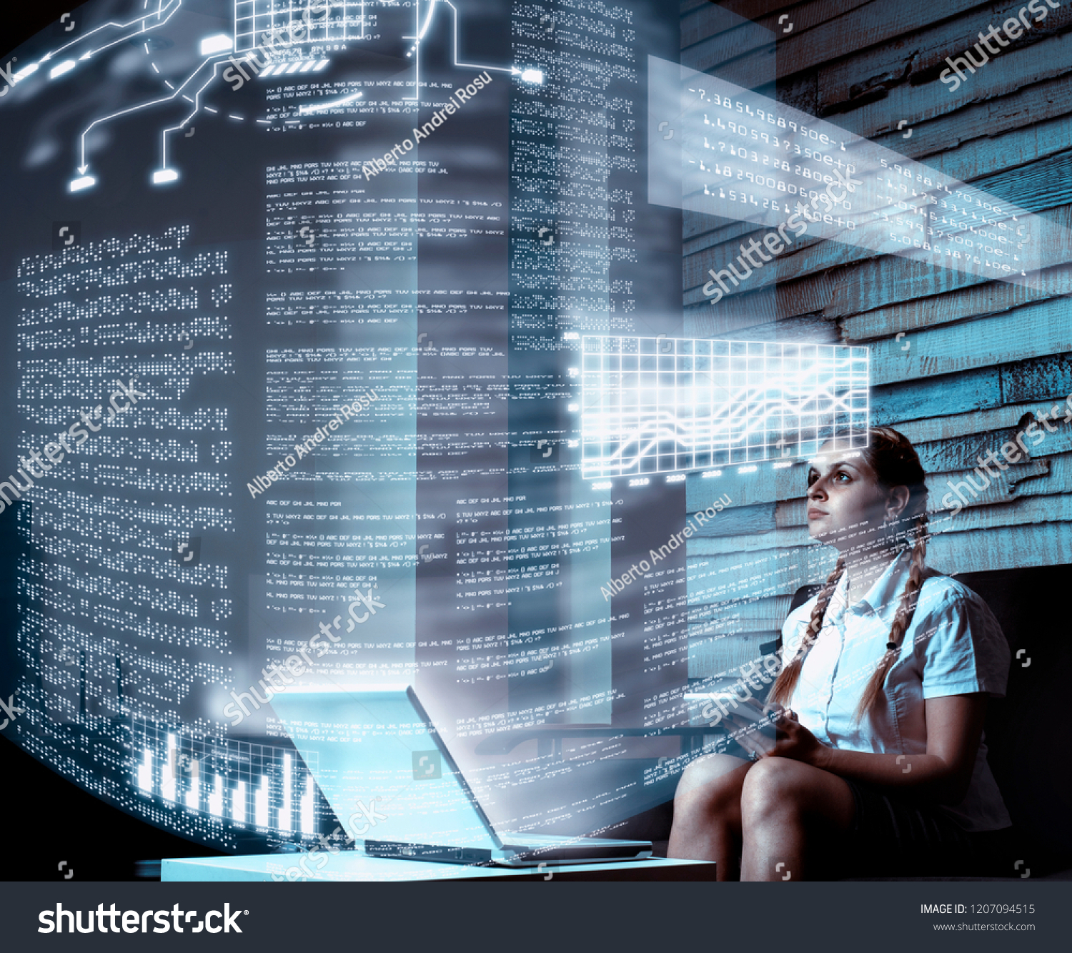 Young woman using tablet and infograph screen at home.Futuristic user interface. #1207094515