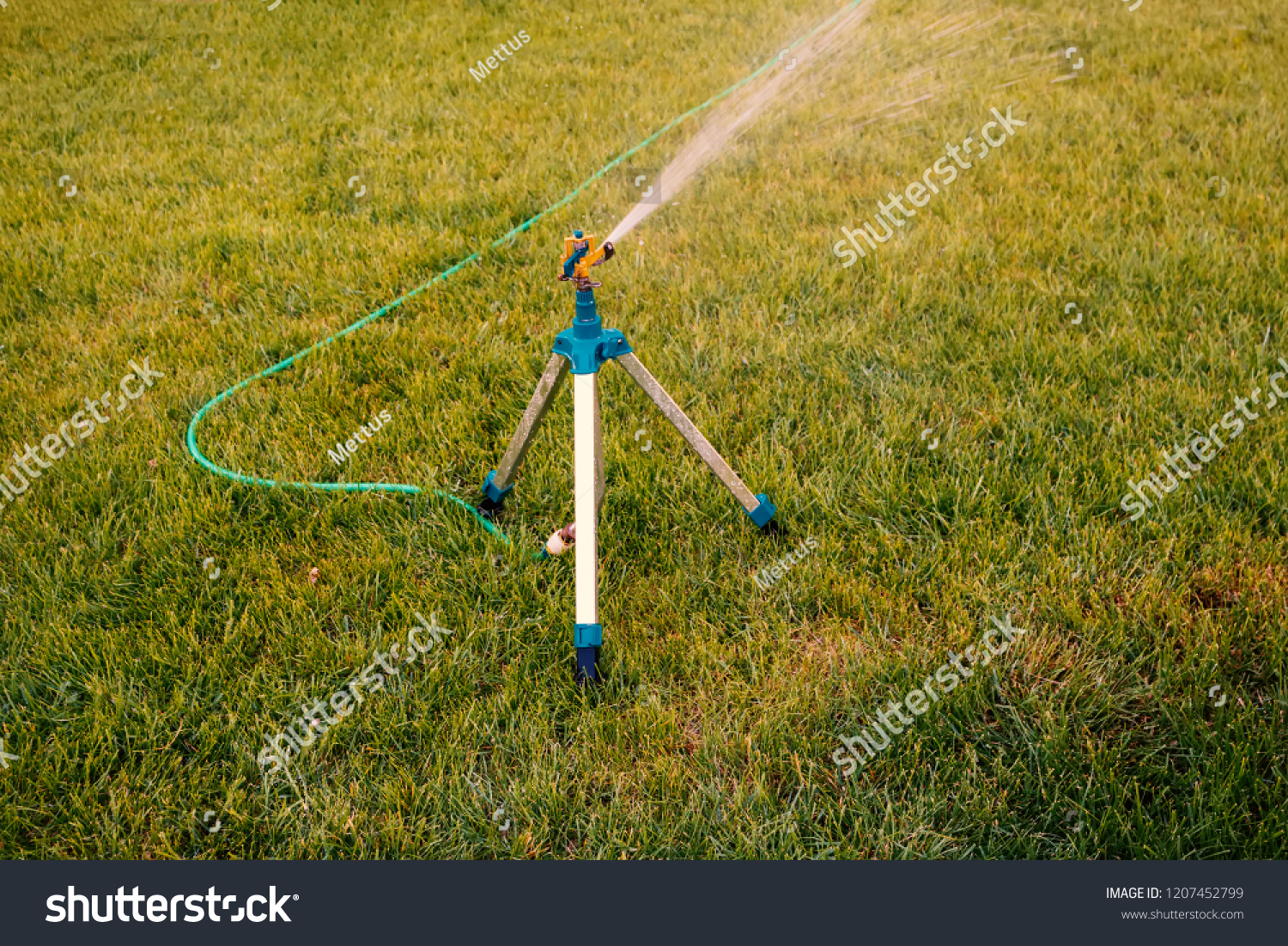 Small tripod sprinkler watering on lawn #1207452799