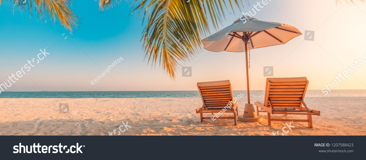 Beautiful tropical beach banner. White sand and coco palms travel tourism wide panorama background concept. Amazing beach landscape
 #1207588423