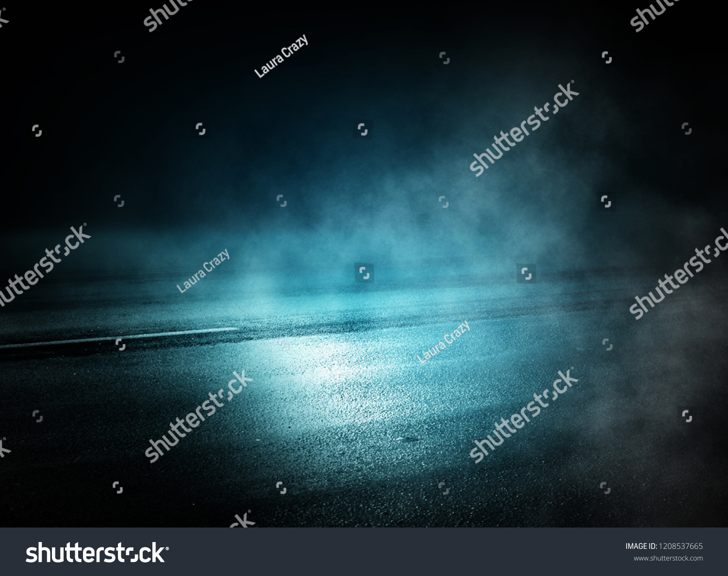 background of empty room at night, concrete floors and walls, neon light, fog, smoke, smog #1208537665