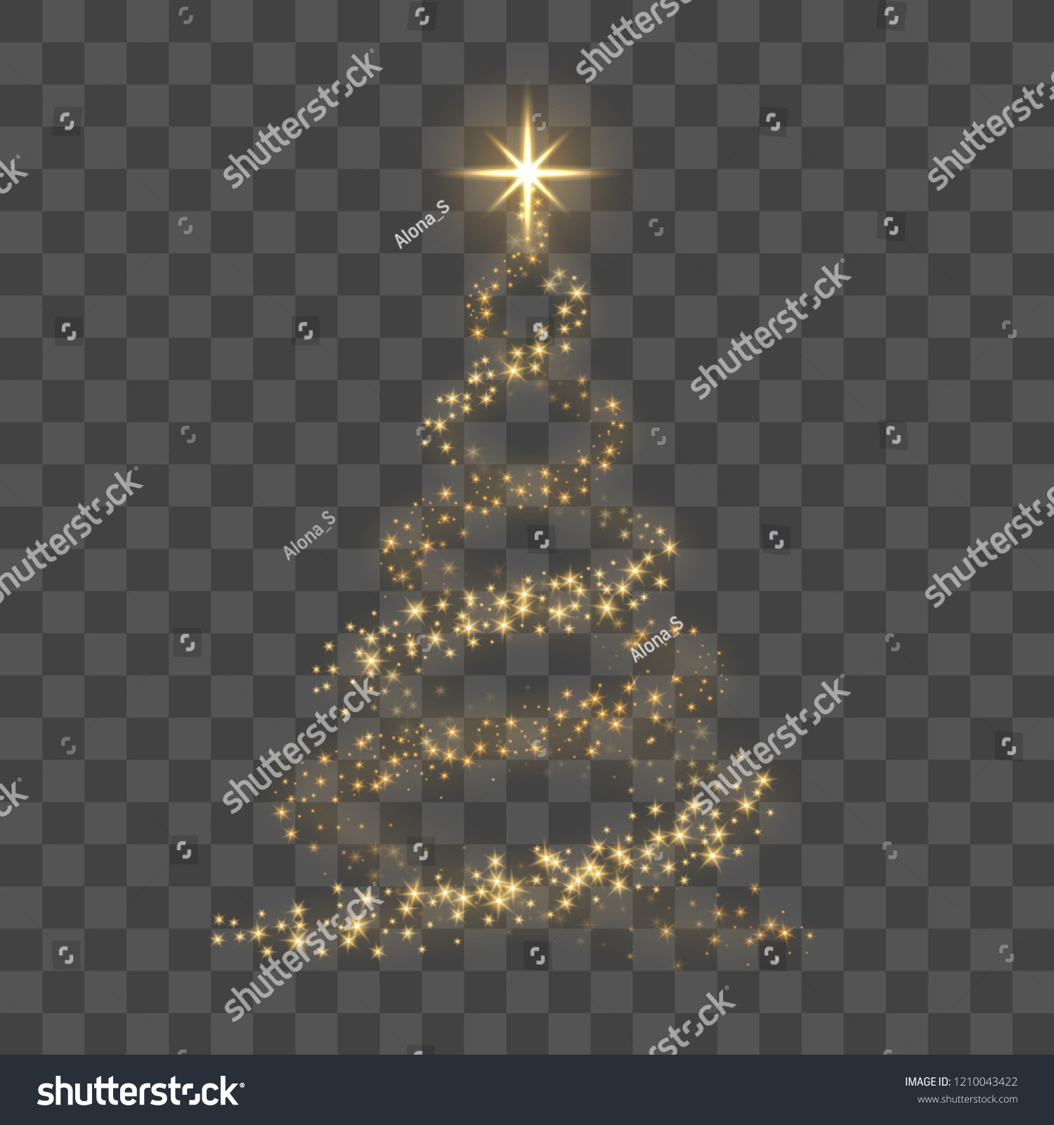 Christmas tree on transparent background. Gold Christmas tree as symbol of Happy New Year, Merry Christmas holiday celebration. Golden light decoration. Bright shiny design Vector illustration #1210043422