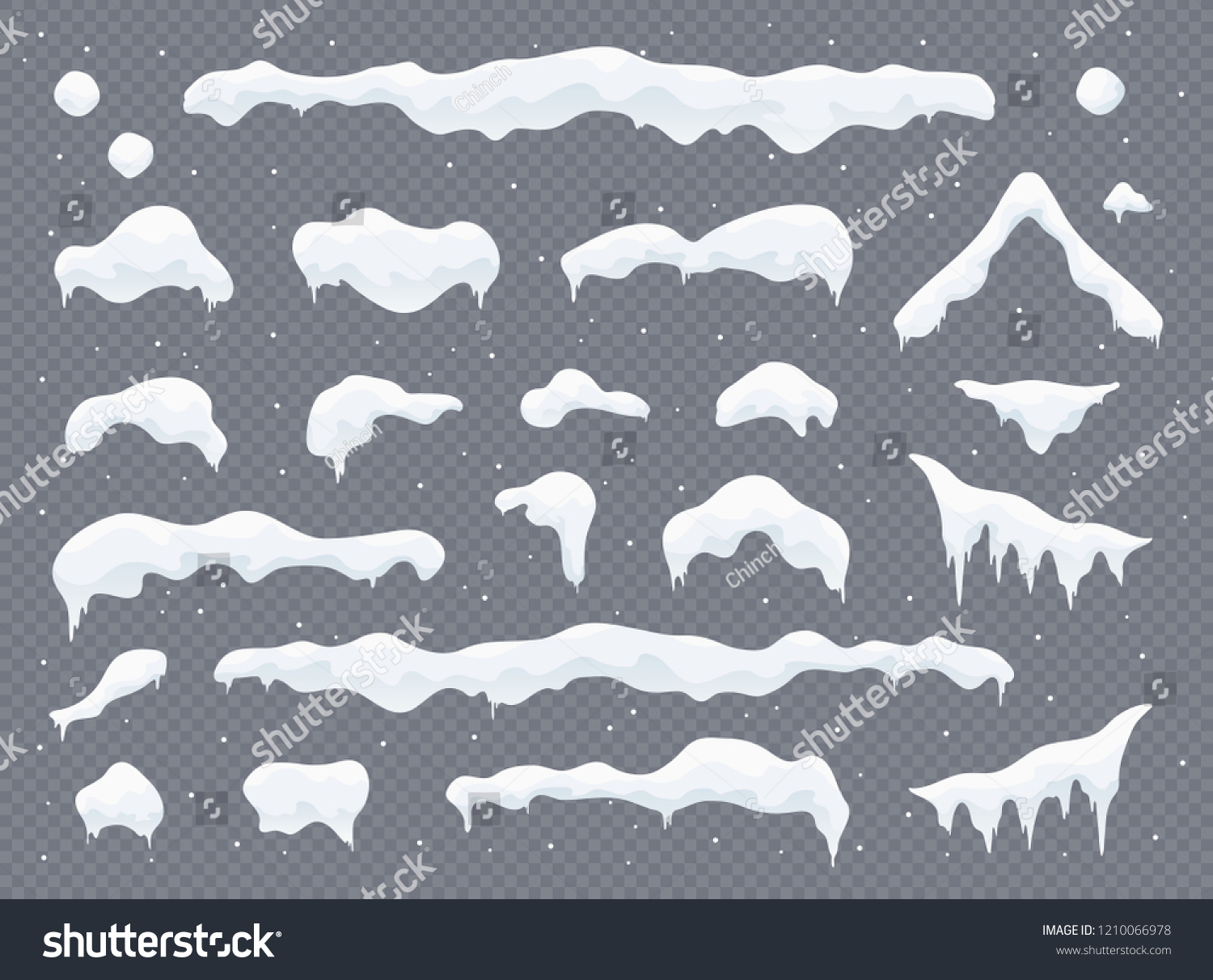 Snow caps, snowballs and snowdrifts set. Snow cap vector collection. Winter decoration element. Snowy elements on winter background. Cartoon template. Snowfall and snowflakes in motion. Illustration. #1210066978