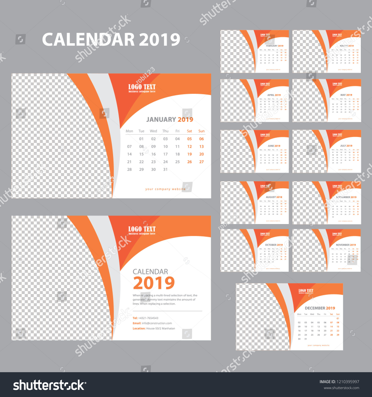 Creative Calendar for 2019 Year. Modern Vector Design Print Template with Place for Photo. #1210395997
