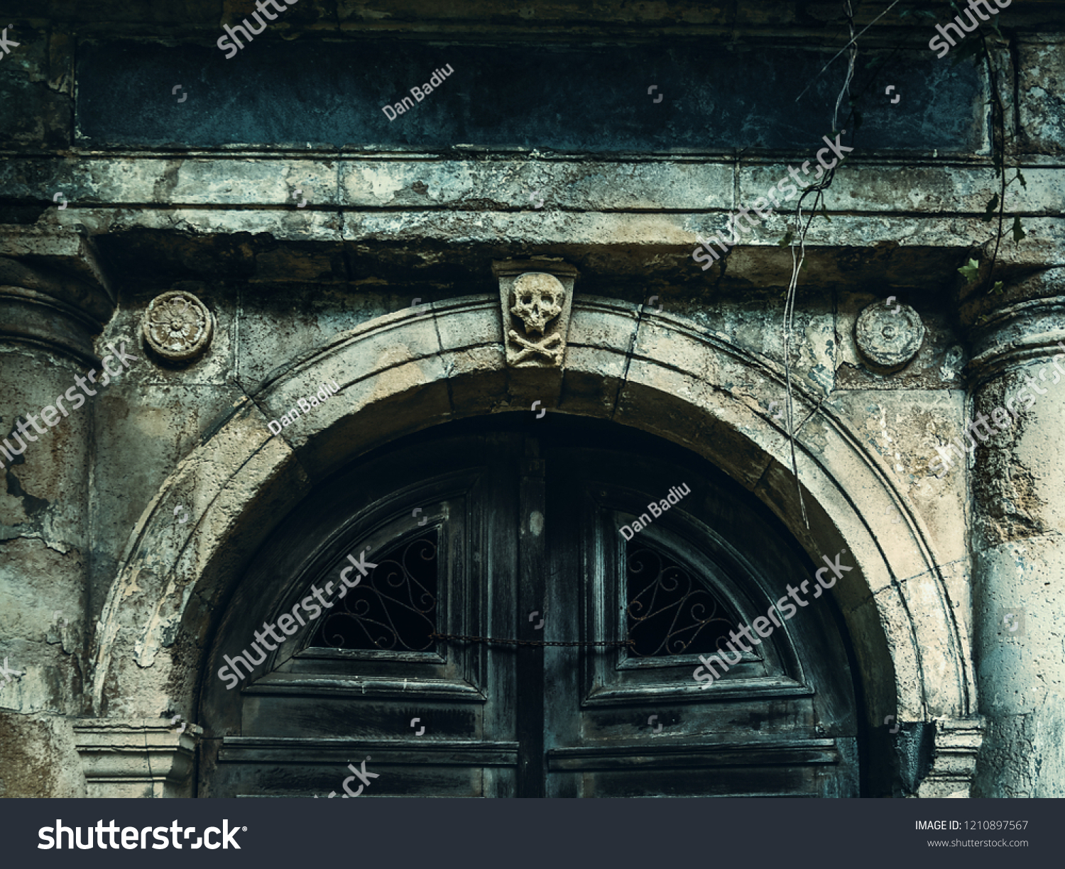 Old crypt entrance with death signs. Dark gate halloween, gothic effect of a crypt. Skull sign above  old wooden gate #1210897567
