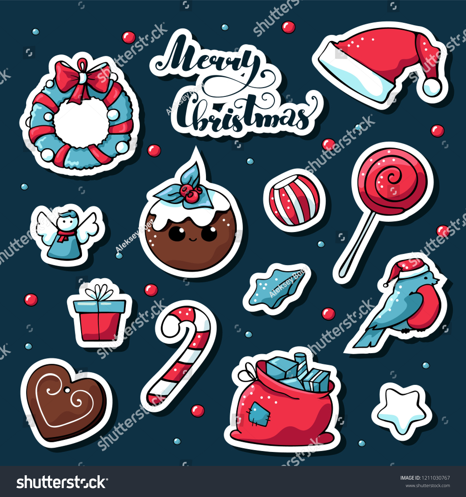 Cute doodle christmas stickers. Vector hand drawn images of candy, candles, star, gift, santa Claus hat, сhristmas cake, gingerbread. Merry christmas lettering. #1211030767
