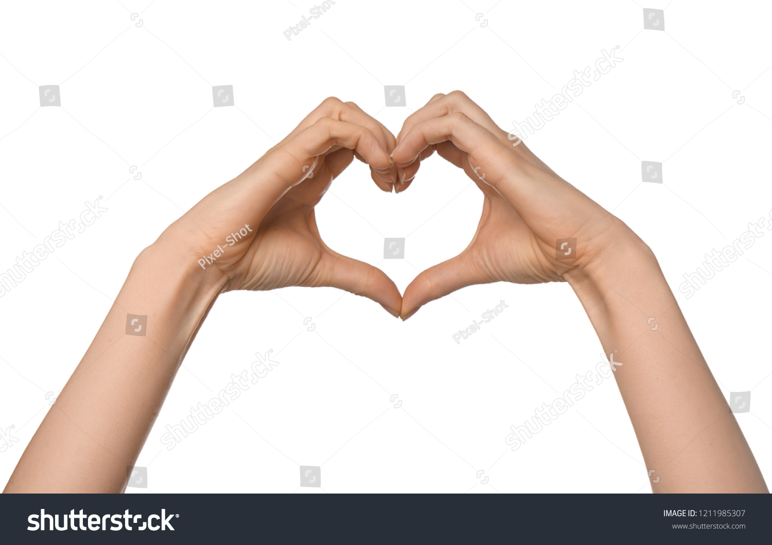 Woman making heart with her hands on white background #1211985307