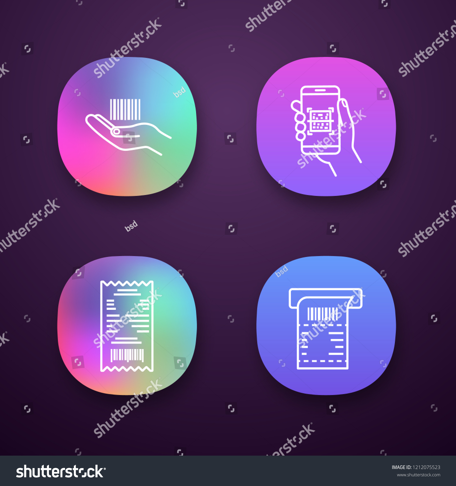 Barcodes app icons set. UI/UX user interface. Linear barcode in hand, QR codes scanning app, cash receipt, ATM paper check. Web or mobile applications. Vector isolated illustrations #1212075523