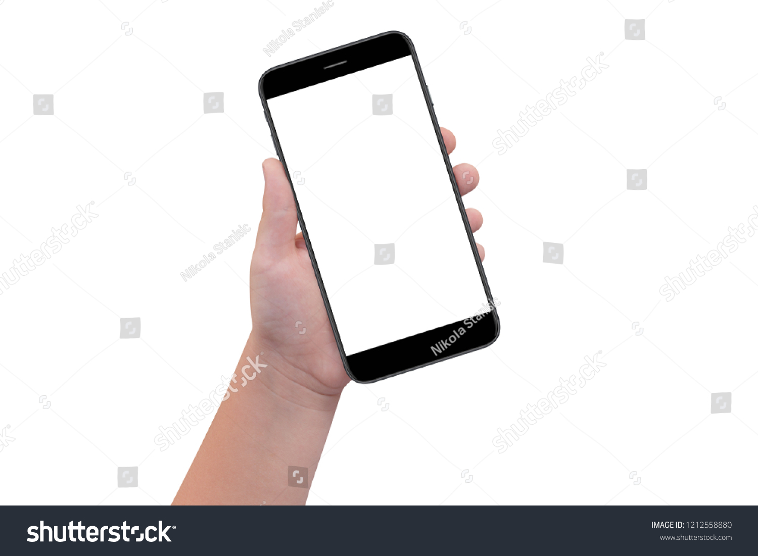 Boy hand holding white modern smartphone with empty screen, isolated on white background. Mockup #1212558880