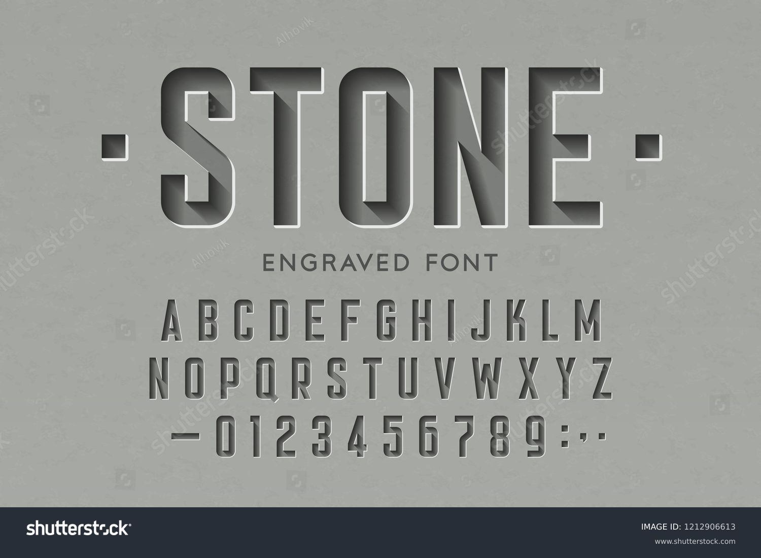 Engraved on stone font, alphabet letters and numbers vector illustration #1212906613