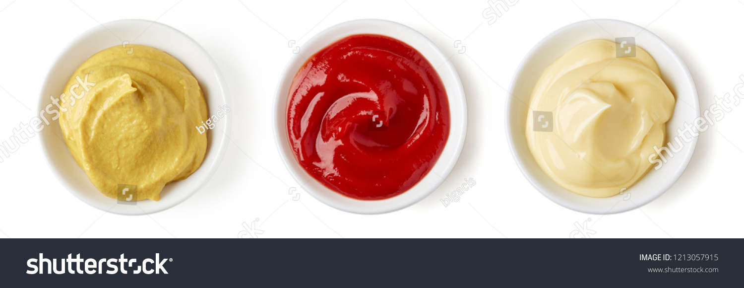 Set of sauces - ketchup, mayonnaise and mustard isolated on white background, top view #1213057915