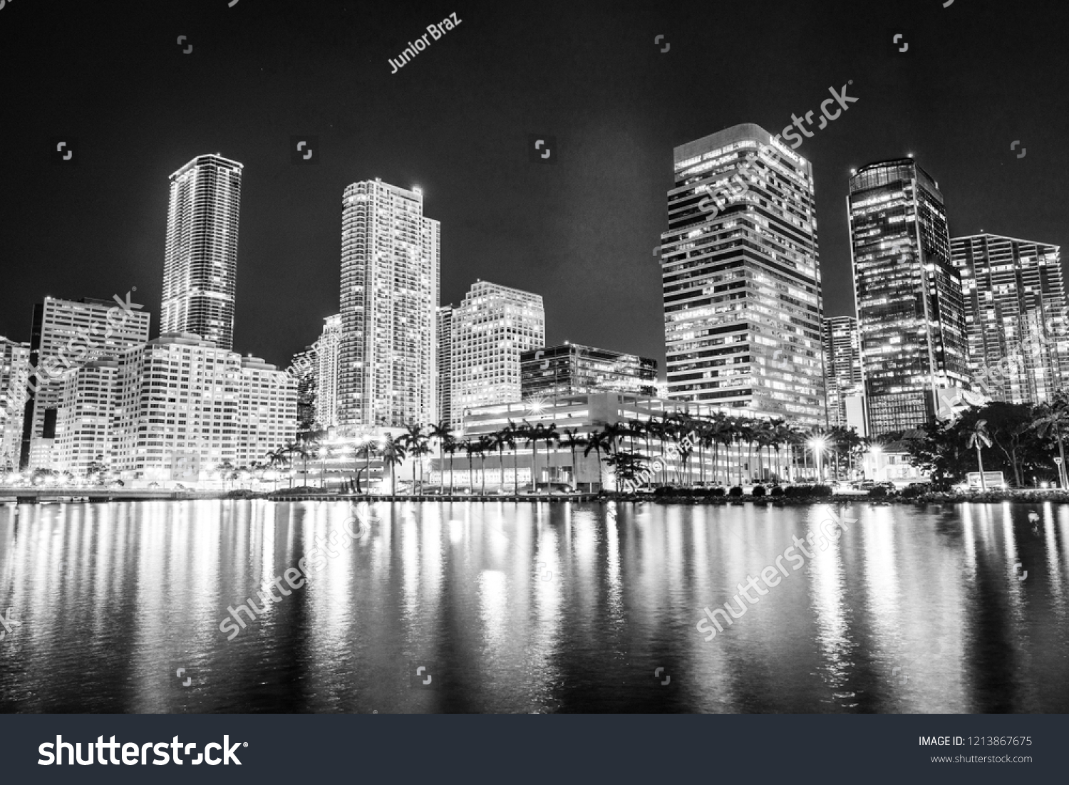 Miami downtown skyline architecture in black and white reflections #1213867675
