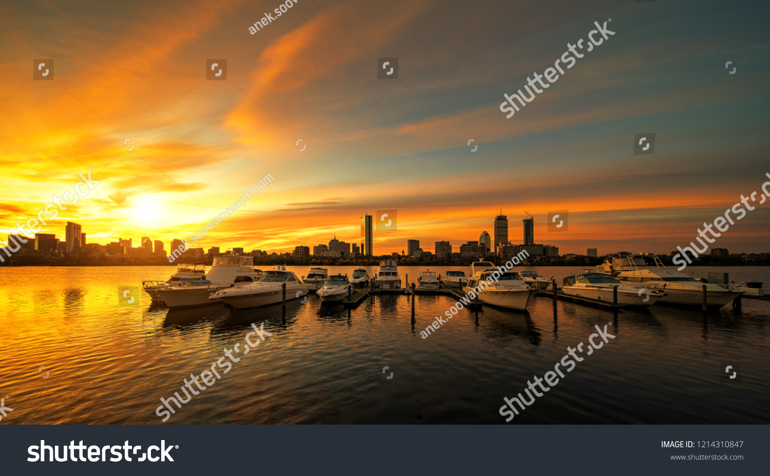 Sunrise over Boston city with boat and harbor, Boston, USA, United stages of America #1214310847