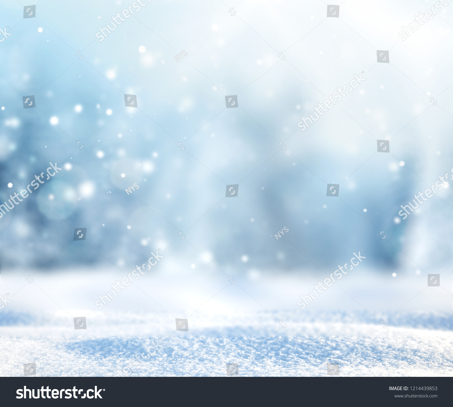 Snowy winter landscape,fir pine forest blurred background.Christmas backdrop. #1214439853