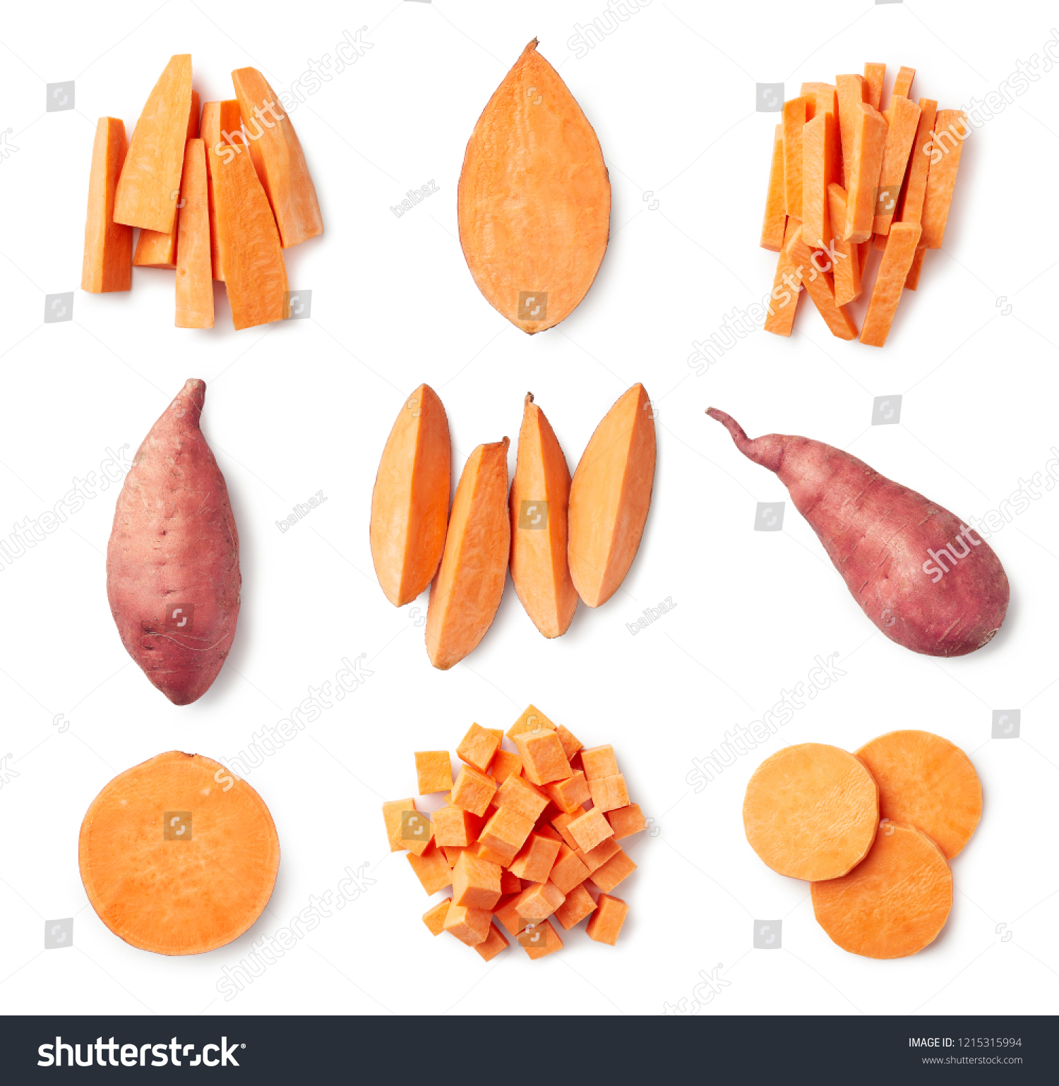 Set of fresh whole and sliced sweet potatoes isolated on white background. Top view #1215315994