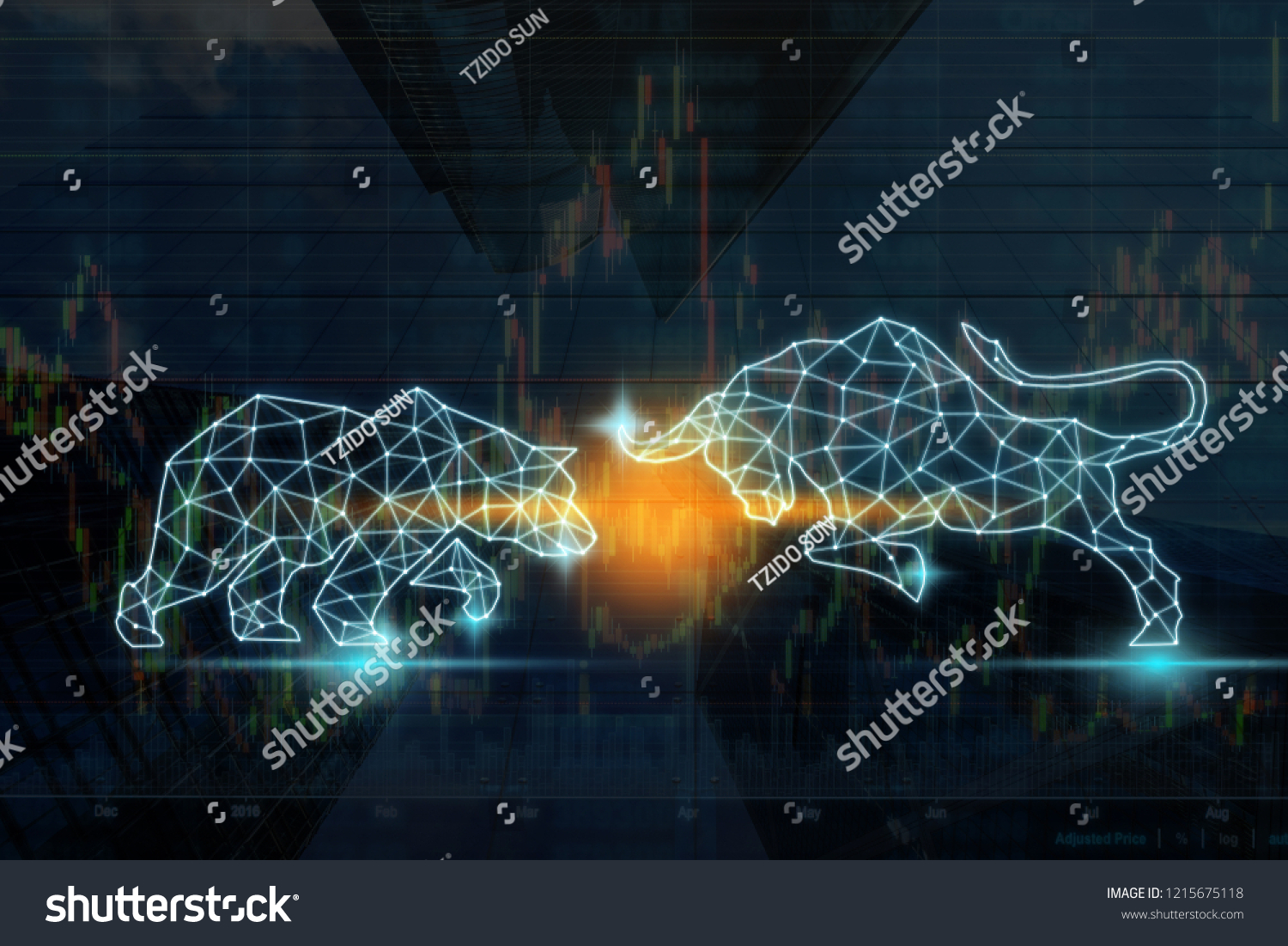 polygonal bull and bear shape writing by lines and dots over the Stock market chart with information over the Modern business building glass of skyscrapers, trading and finance investment concept #1215675118