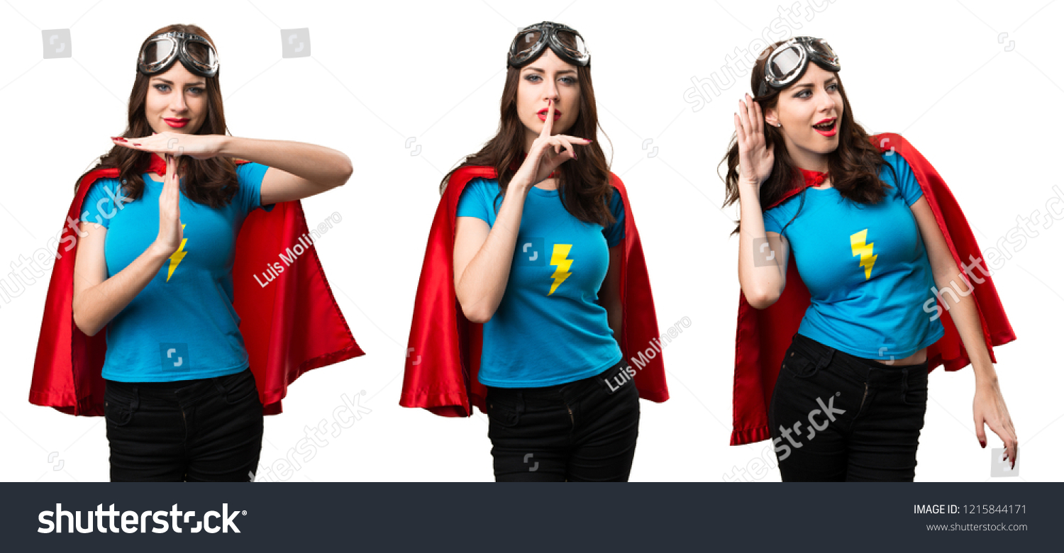 Set of Pretty superhero girl making silence gesture and time out gesture #1215844171