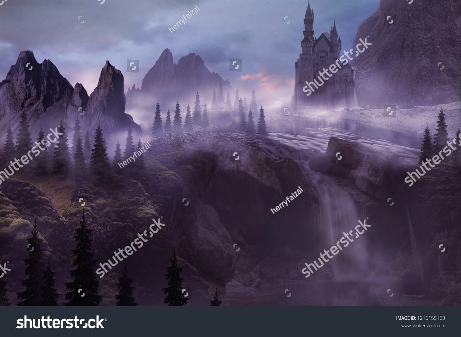 castle above the waterfall and fantasy mountain landscape #1216155163